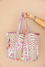 Quilted Tote Bag-Pink Piping