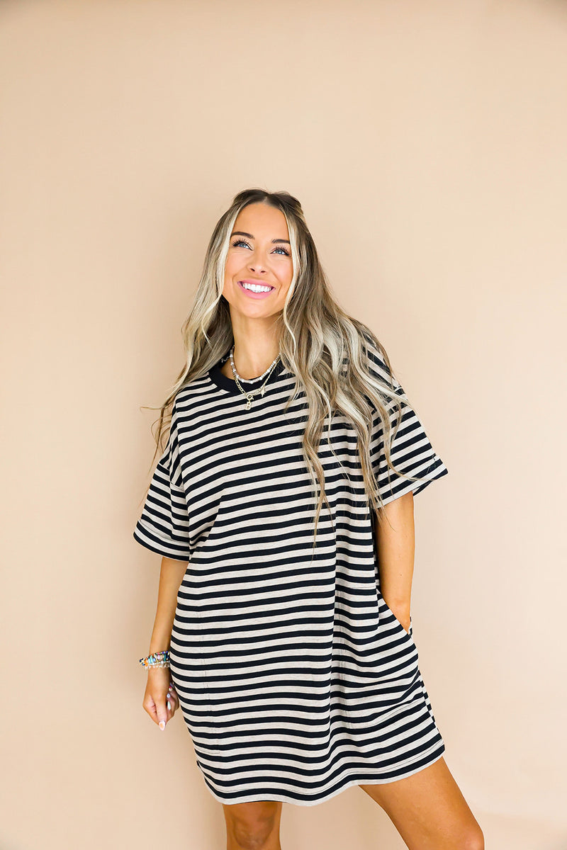 Doing Fun Things T-shirt Dress - Oatmeal/Black