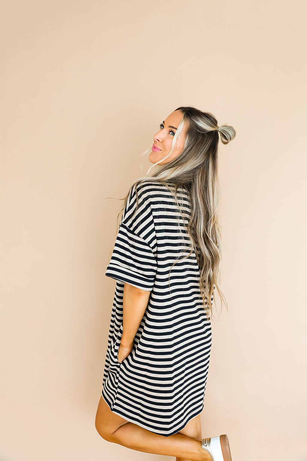 Doing Fun Things T-shirt Dress - Oatmeal/Black