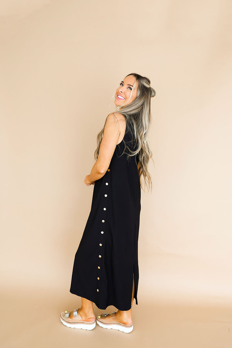 Cider Season Button Detail Midi Dress – Black