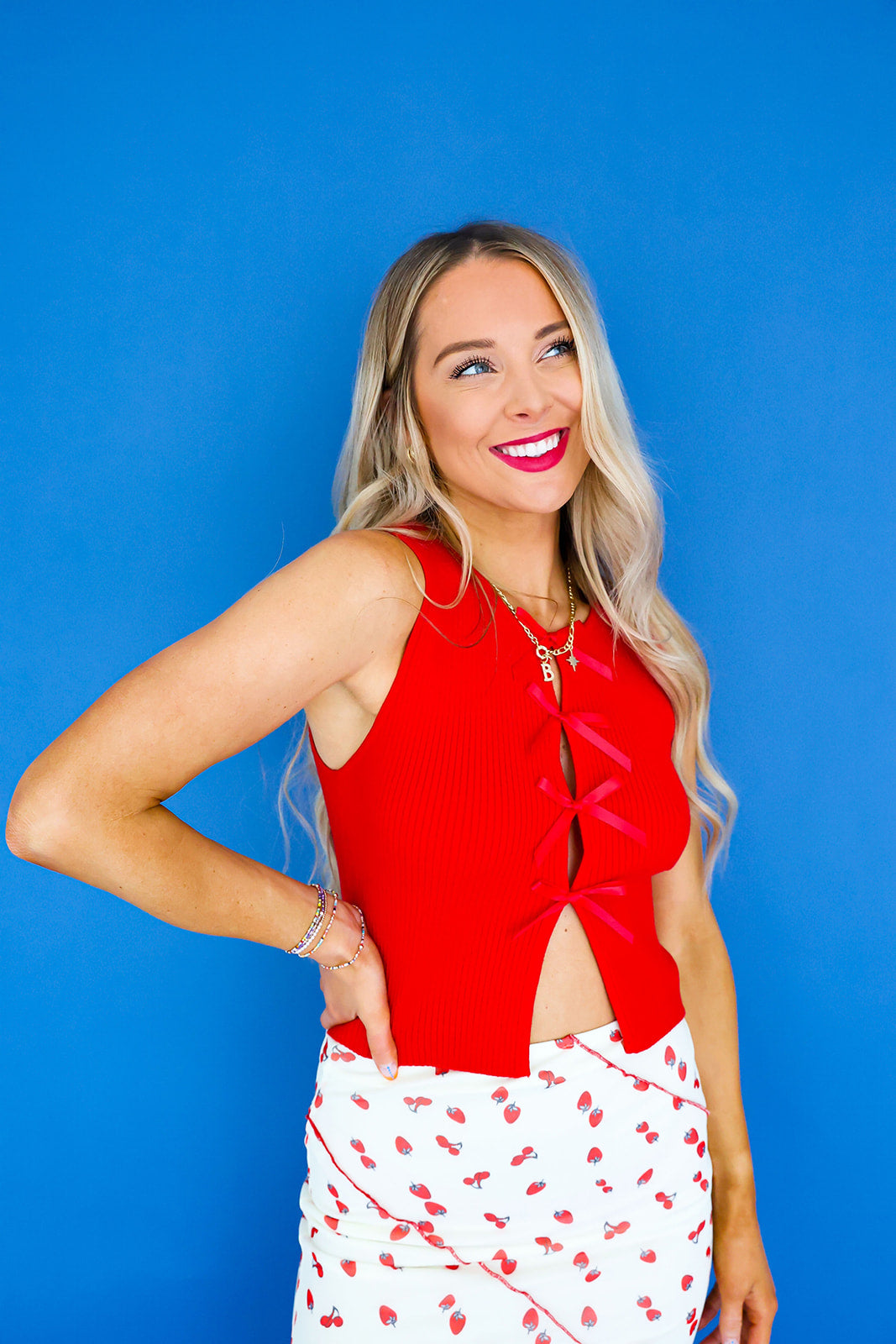 Flirtatious Flare Bow Detail Top-Red