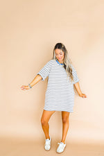 Doing Fun Things T-Shirt Dress- Cream Multi Stripe