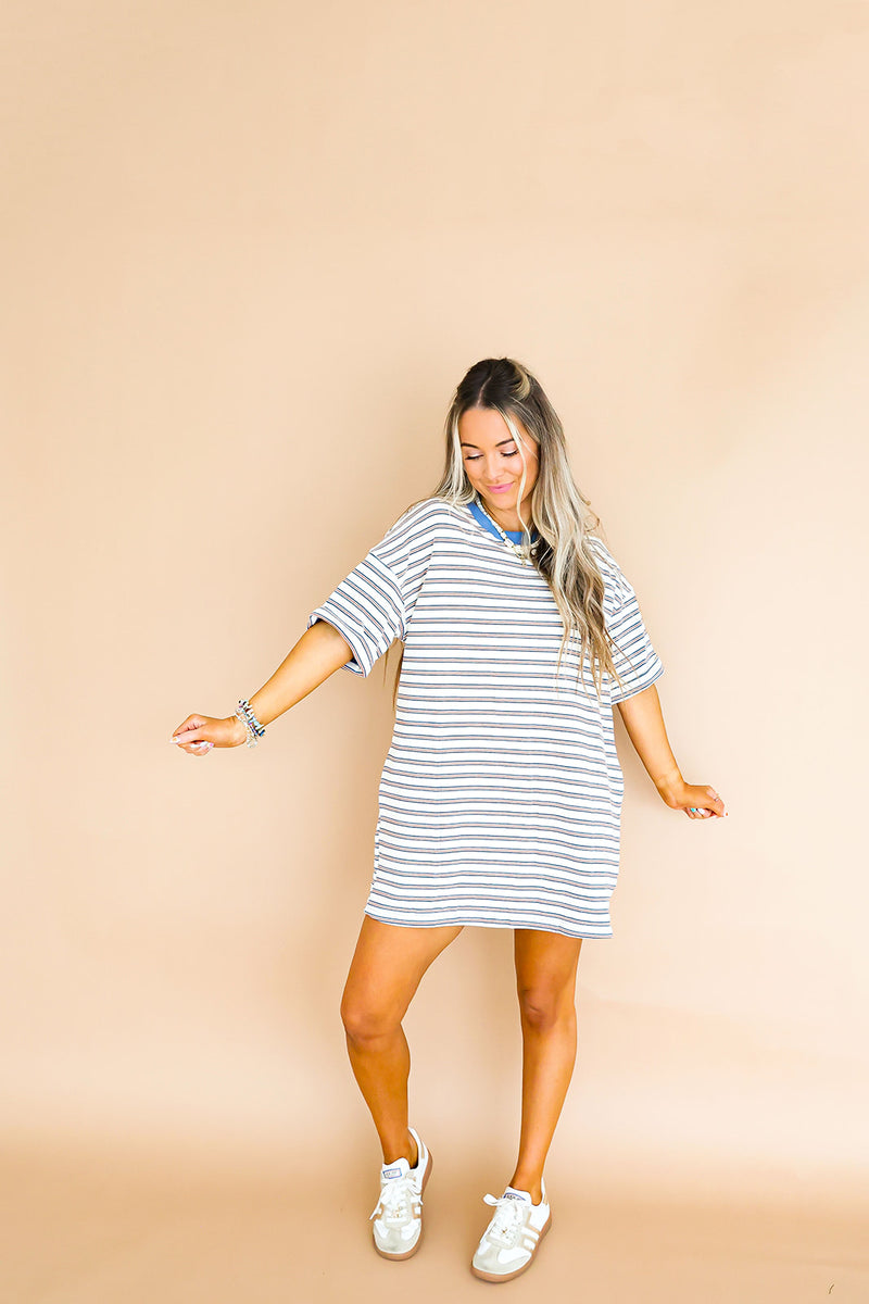 Doing Fun Things T-Shirt Dress- Cream Multi Stripe