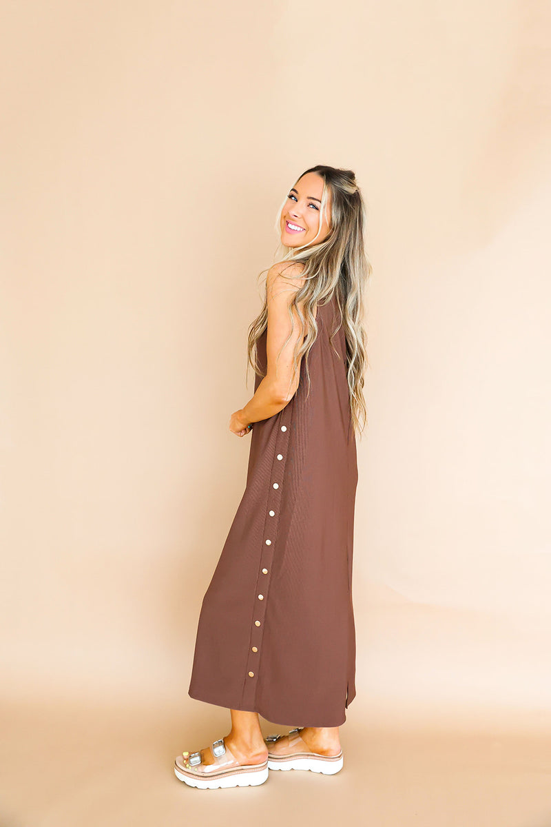 Cider Season Button Detail Midi Dress – Brown