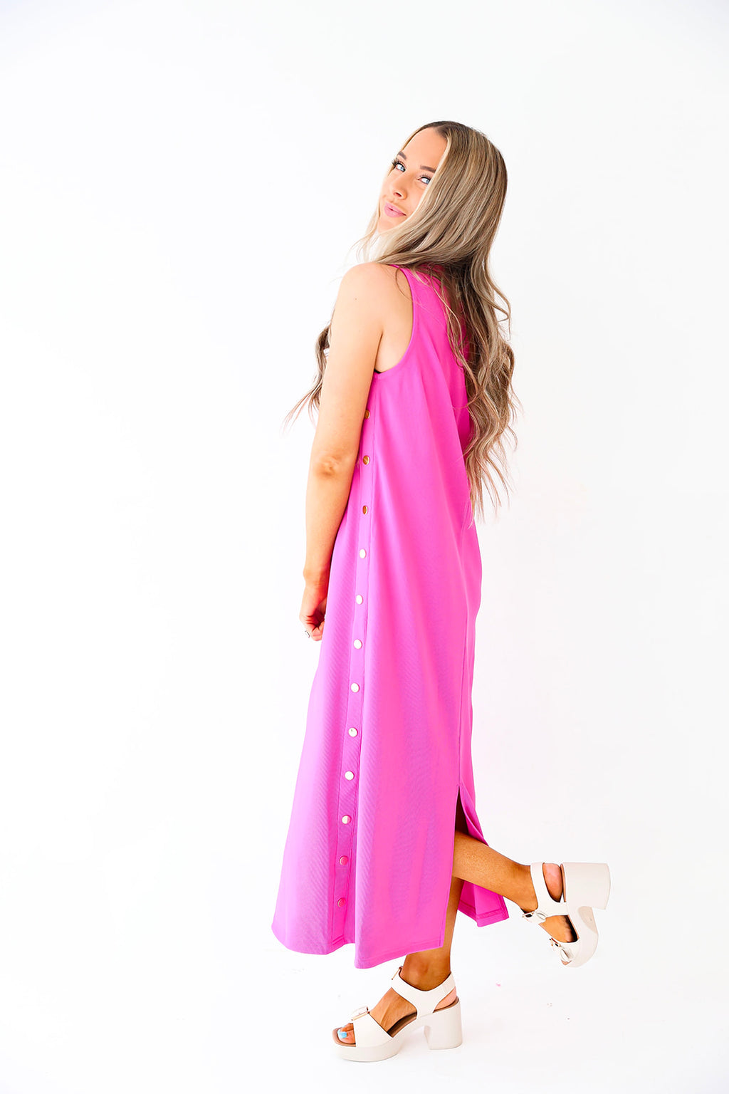 She's So Cool Button Detail Midi Dress-Magenta