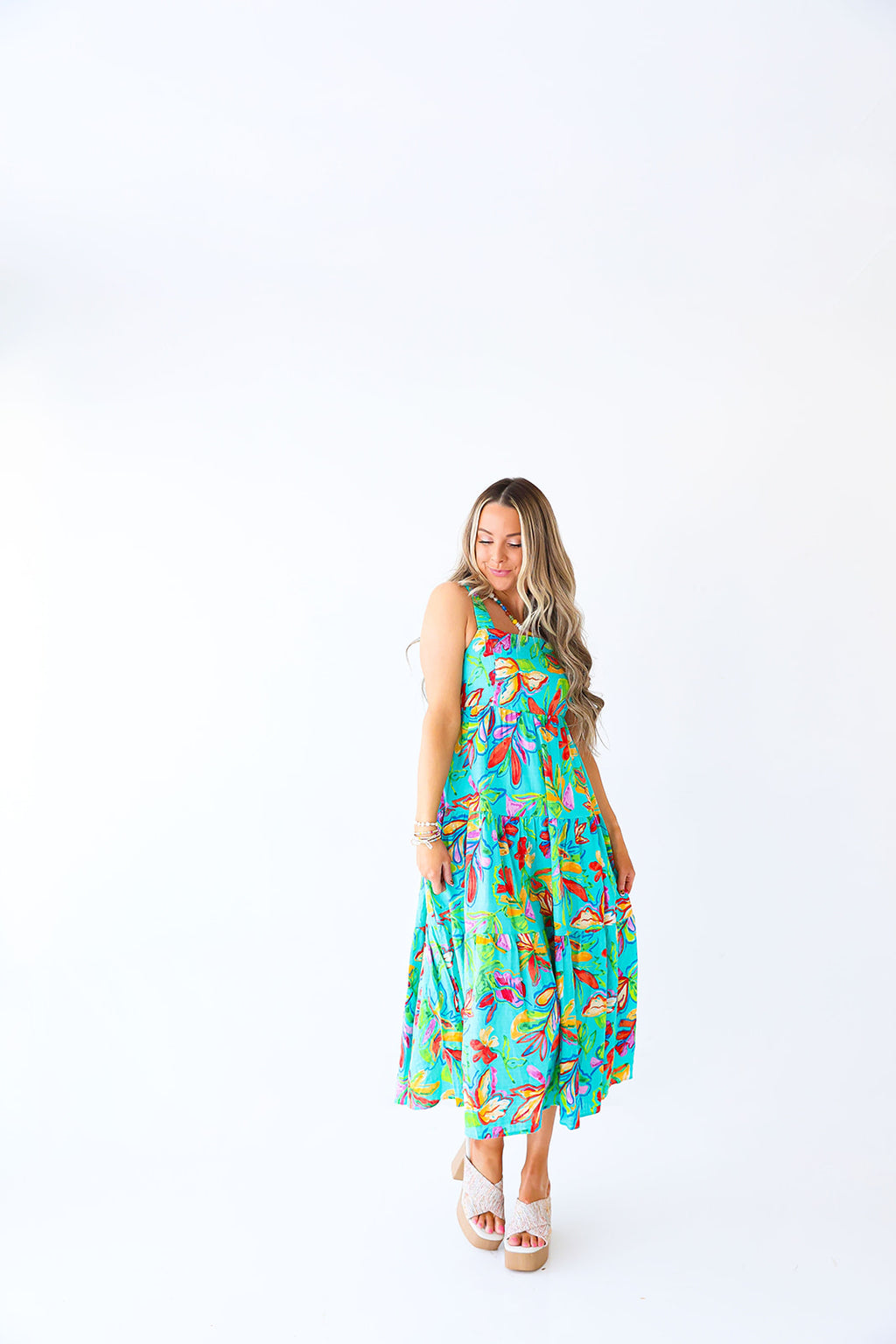 Sweet Escape Floral Tiered Maxi Dress-Aqua Blue