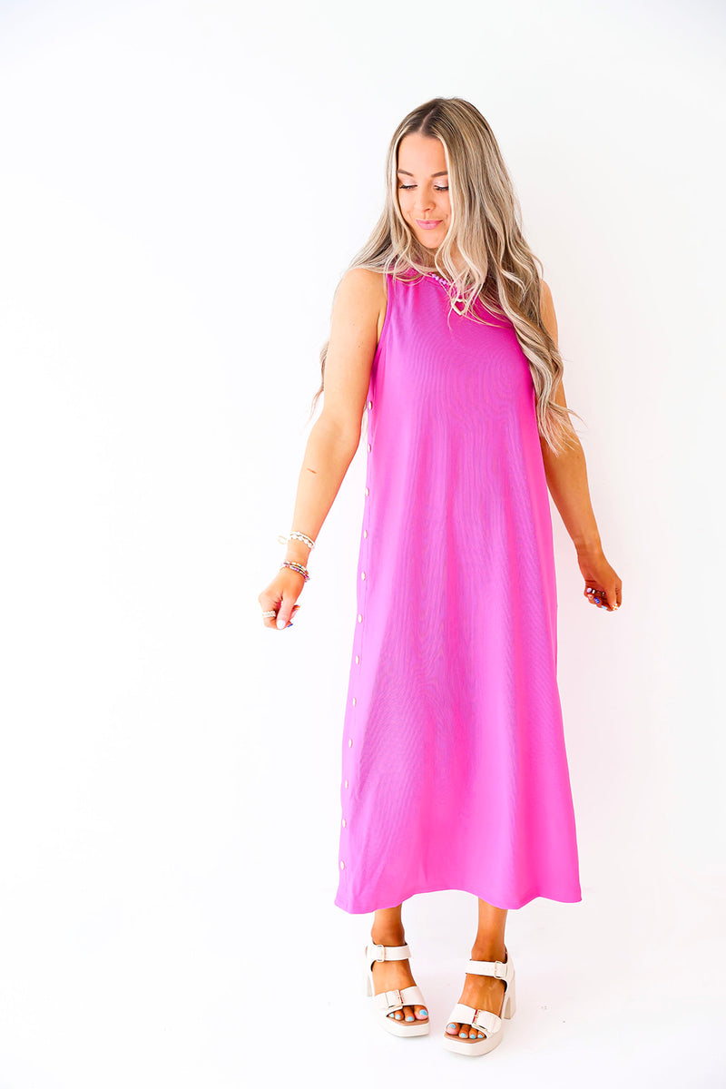 She's So Cool Button Detail Midi Dress-Magenta