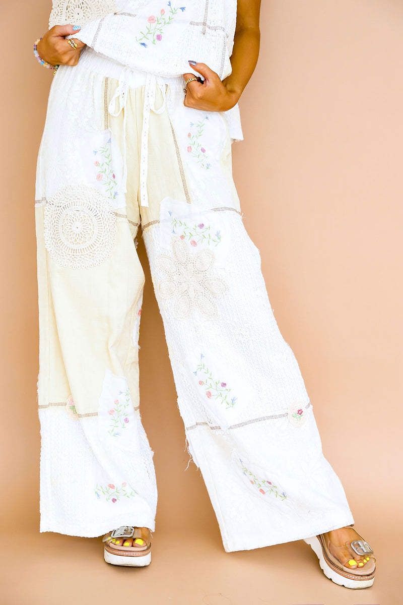 Pretty In Patchwork Floral Detail Pants – Natural