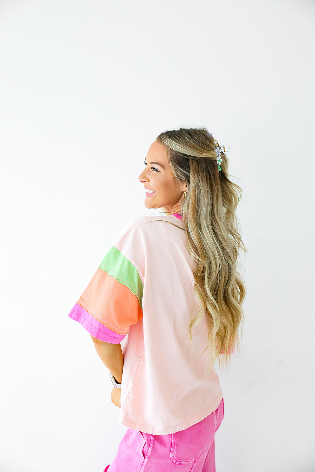 Fan Fav Colorblock Tee-Pink/Orange/Green