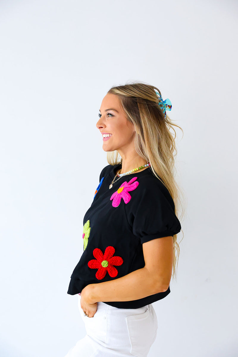 Rainbow Crochet 3D Flowers Top-Black