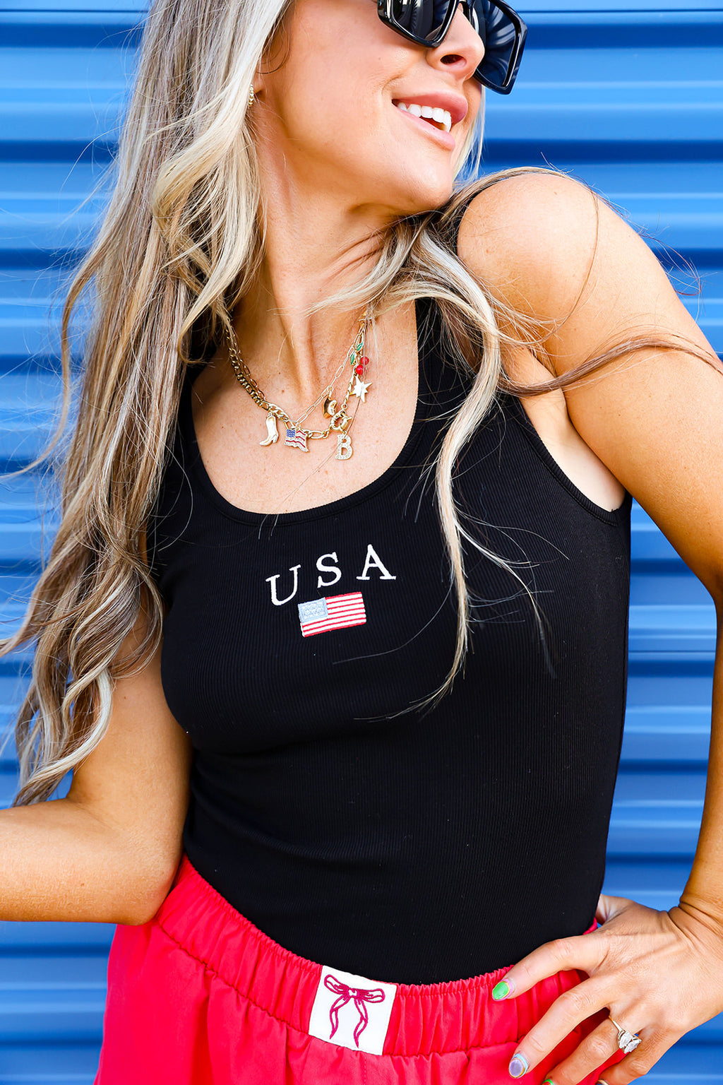 USA Flag Embroidered Bodysuit-Black