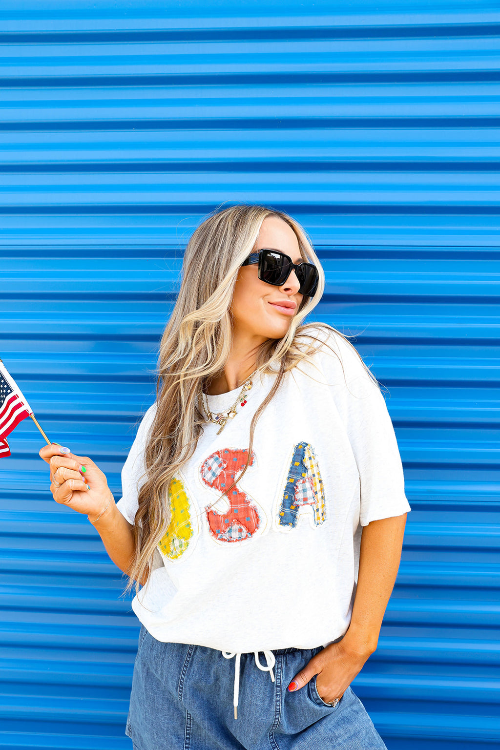 USA Multi Patchwork Tee-Heather Gray