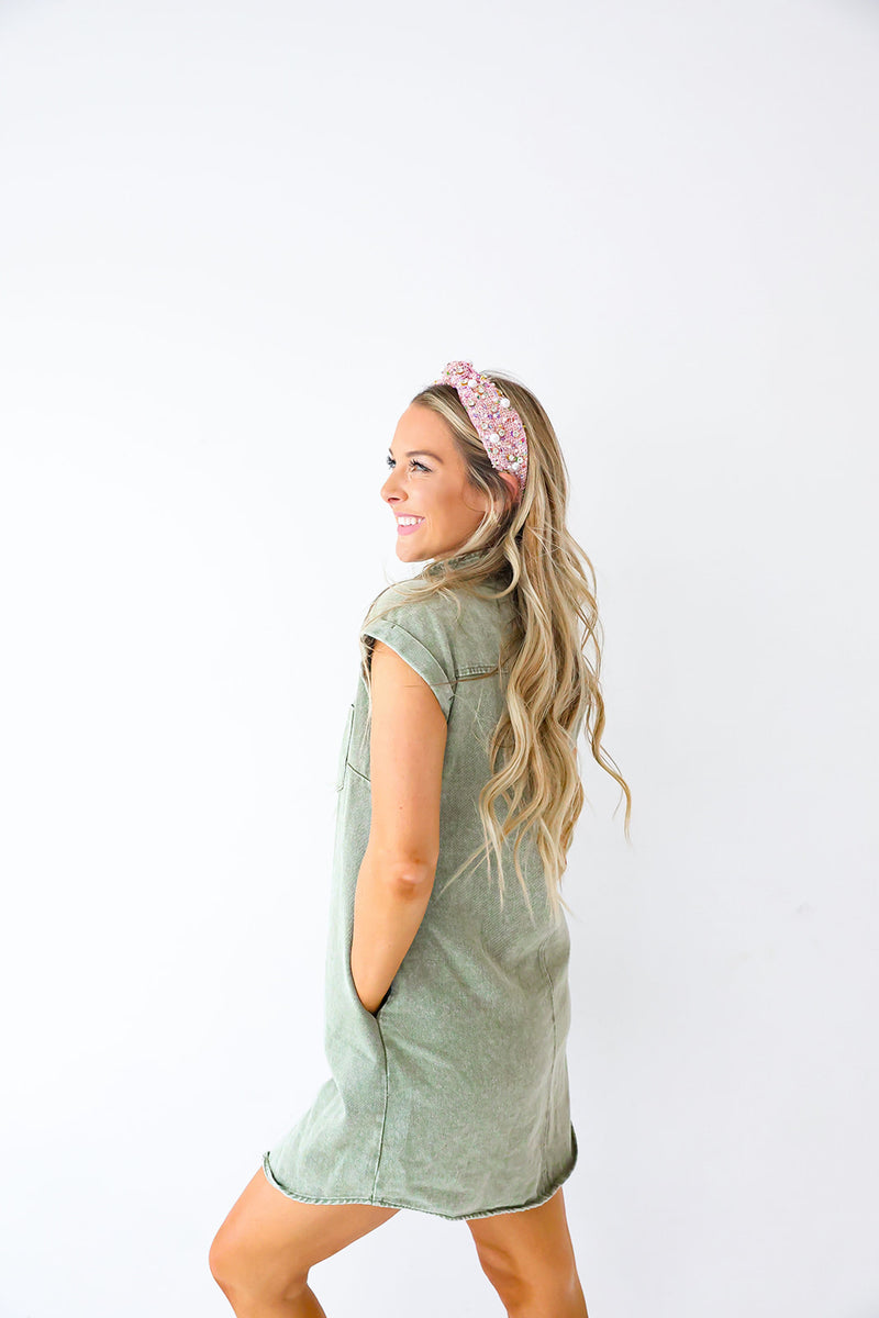 Stick Around Denim Dress-Olive