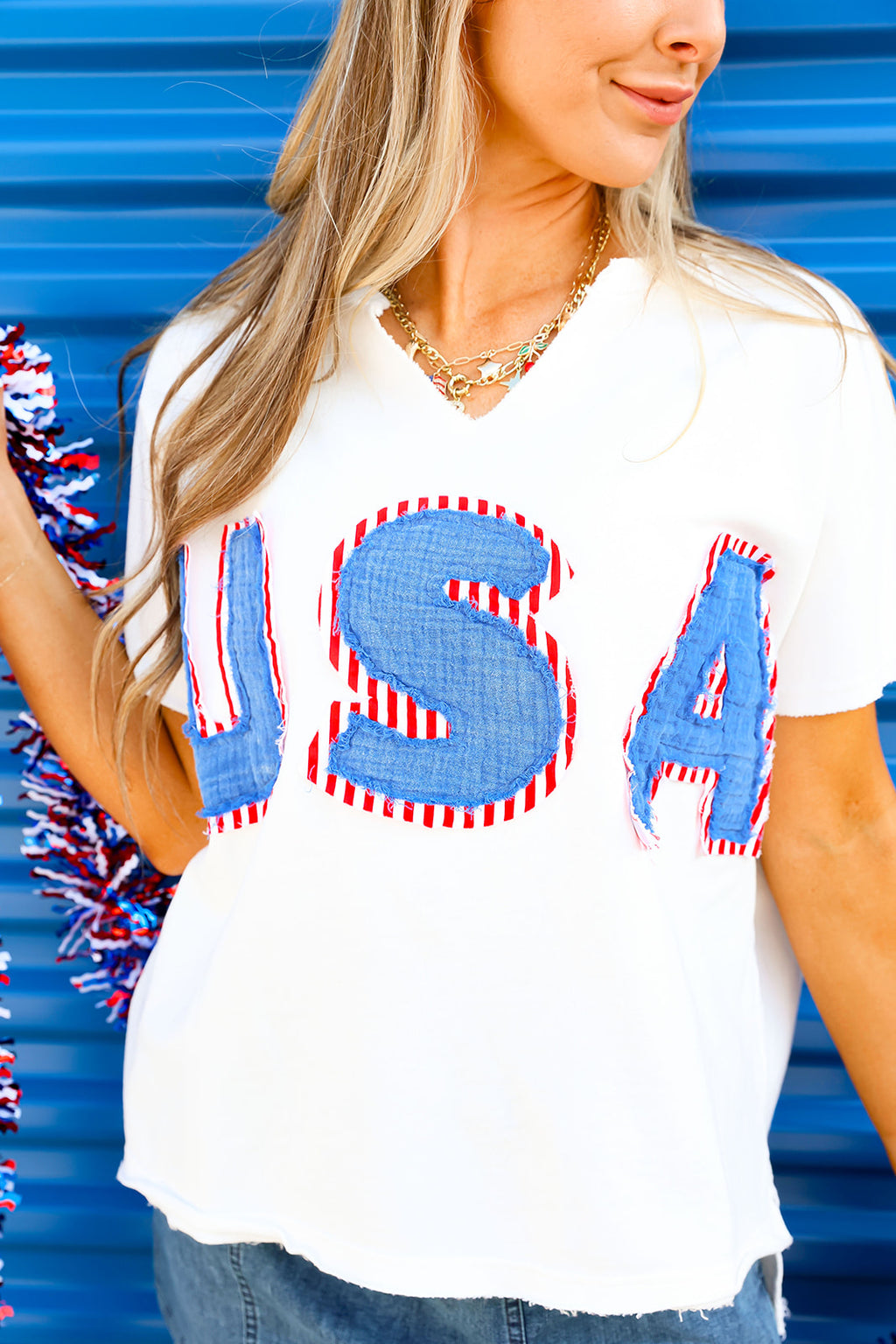 USA All Day Patched Top-White