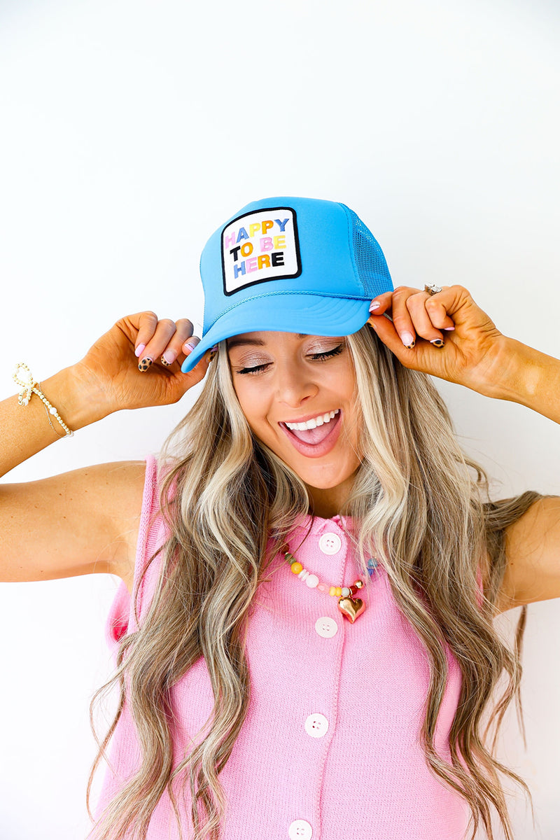 Happy To Be Here Trucker Hat-Blue