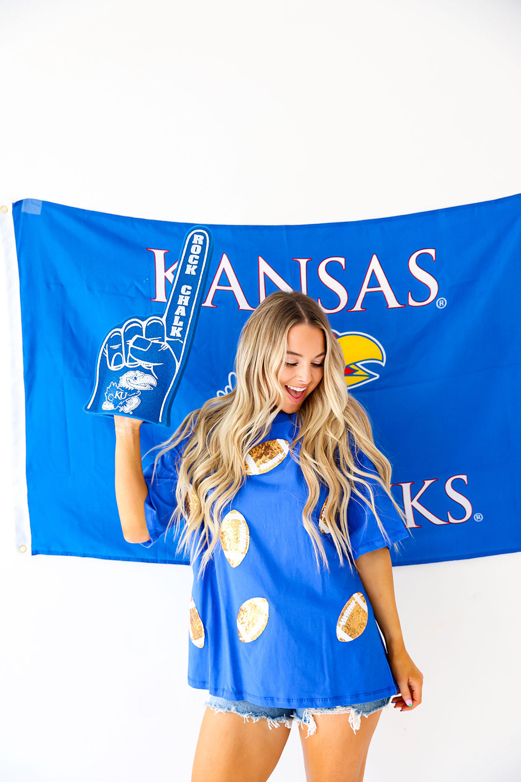 Kickoff Cutie Sequin Footballs Tee-Blue