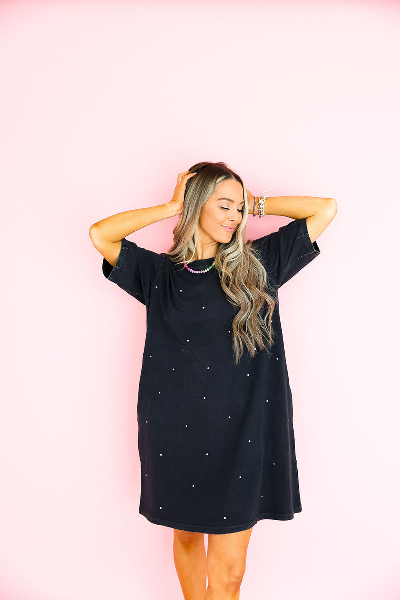 Black Wash Rhinestone T-Shirt Dress