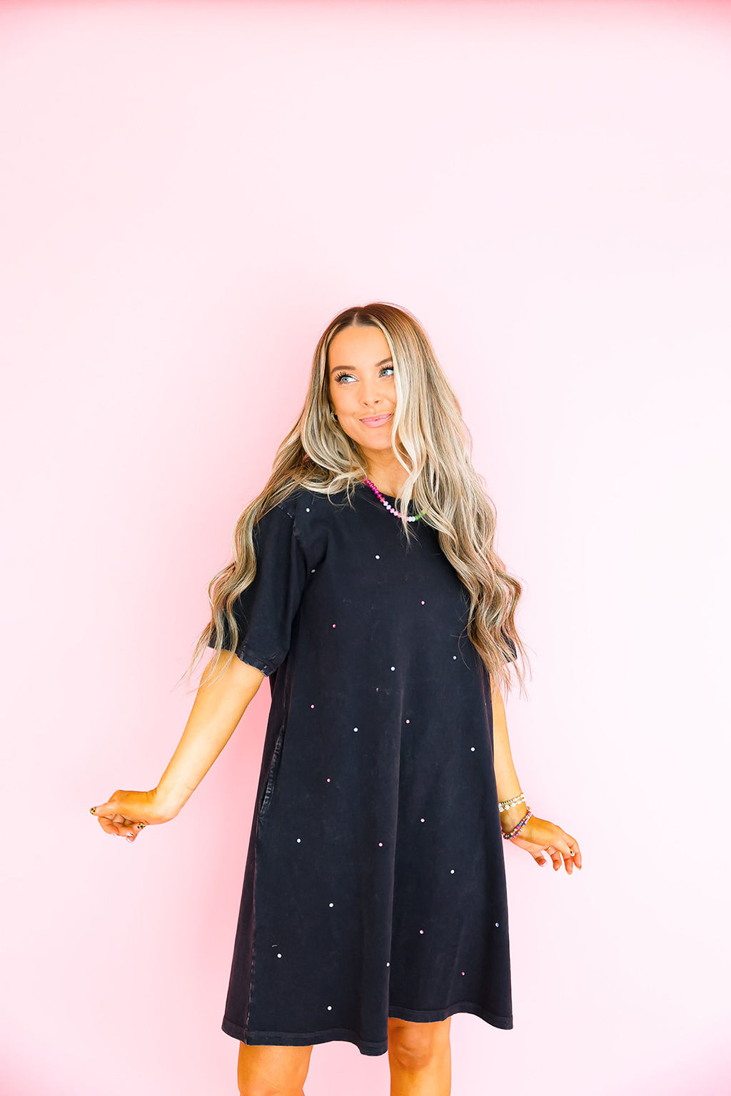 Black Wash Rhinestone T-Shirt Dress