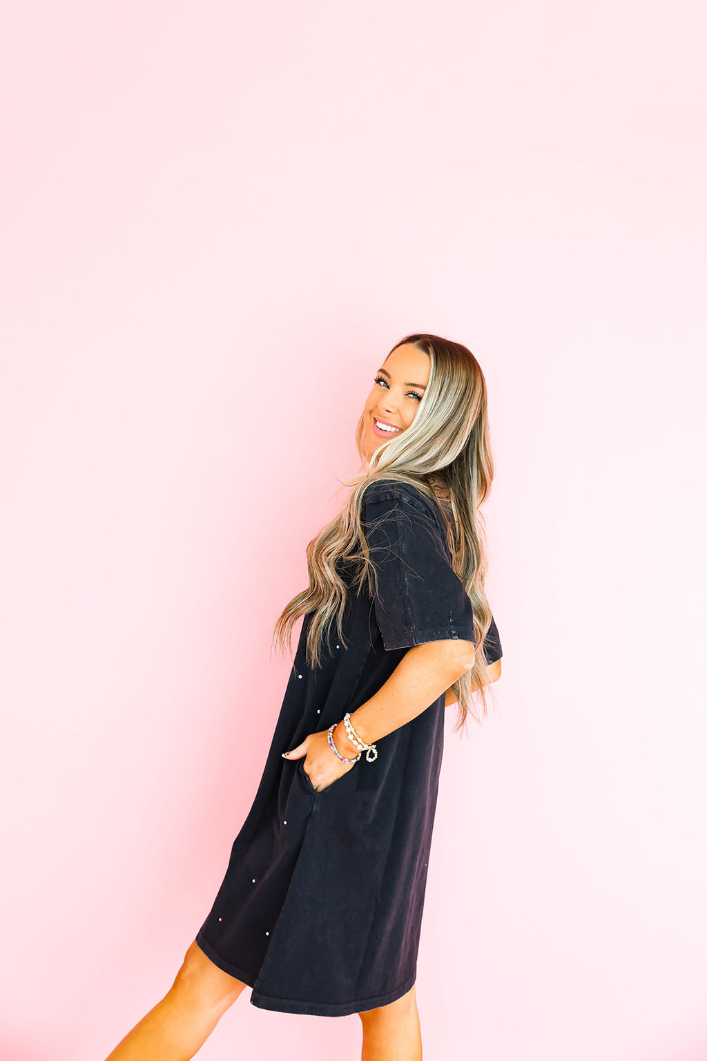 Black Wash Rhinestone T-Shirt Dress