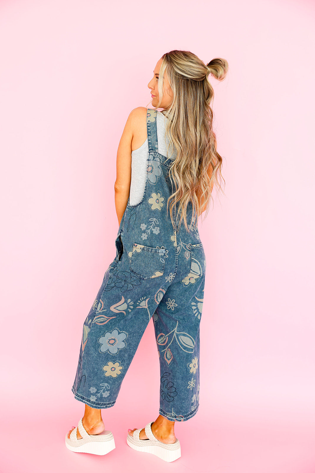Good Day Floral Print Overalls-Denim