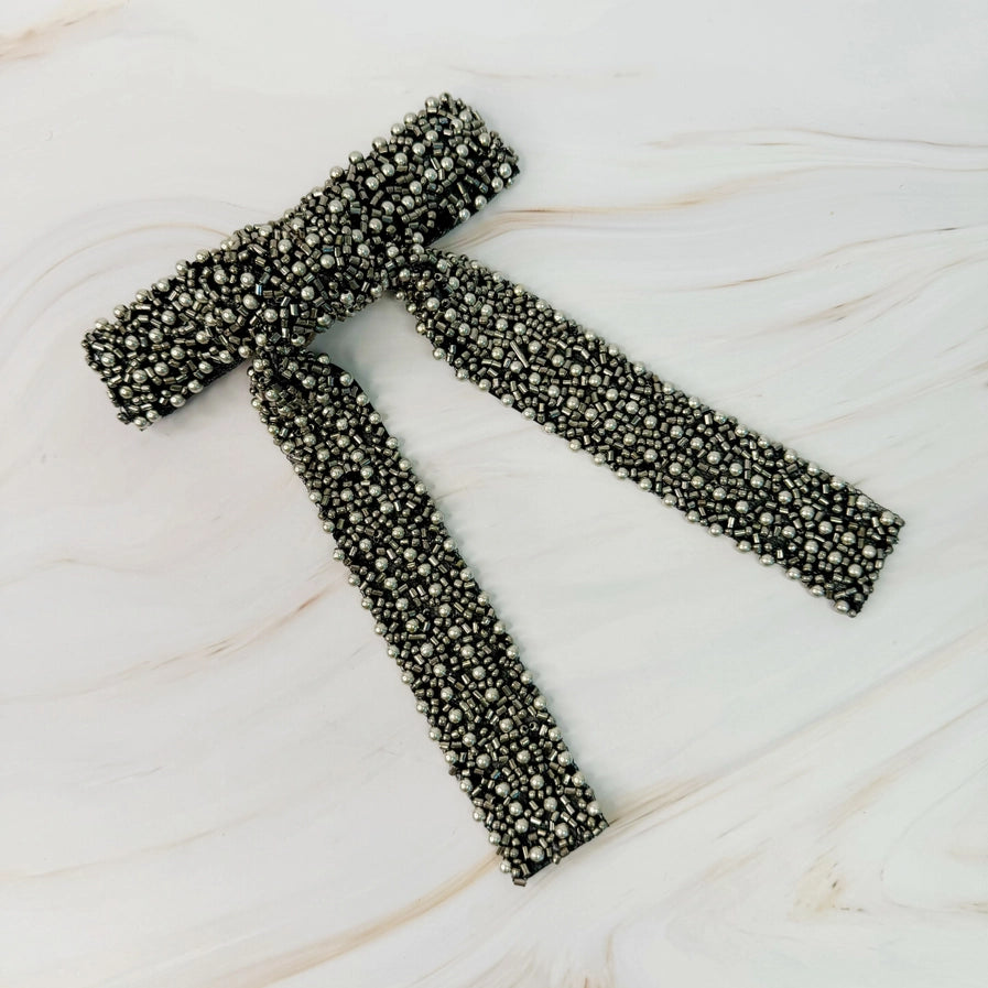 Luxe Beaded Bow Clip-Silver