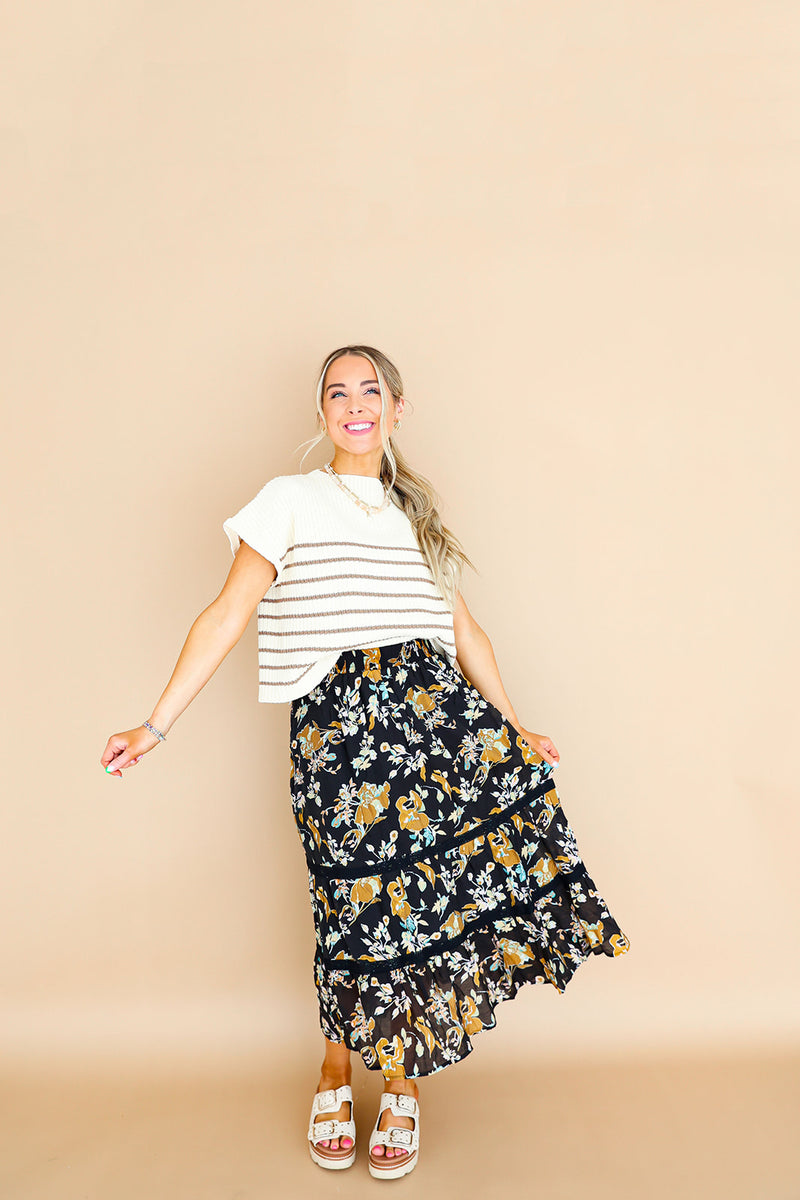 Water Color Floral Midi Skirt-Black