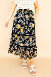 Water Color Floral Midi Skirt-Black