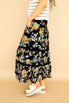 Water Color Floral Midi Skirt-Black