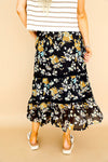 Water Color Floral Midi Skirt-Black