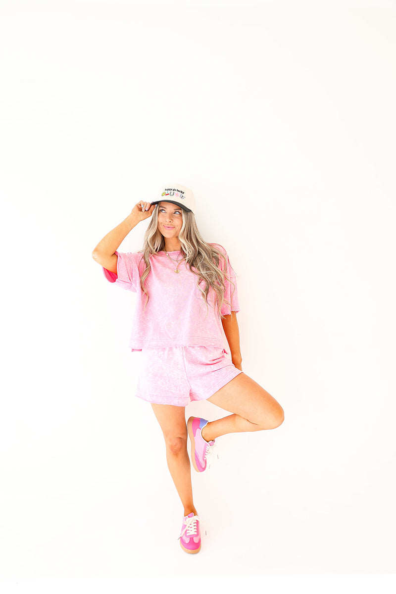 Lazy In Luxe Acid Wash Set-Pink