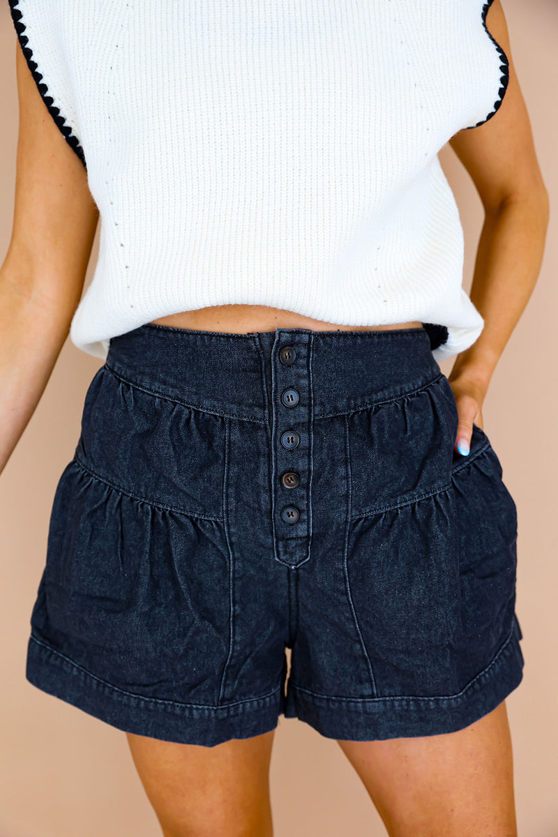 Denim Cutie Flare Shorts-Black