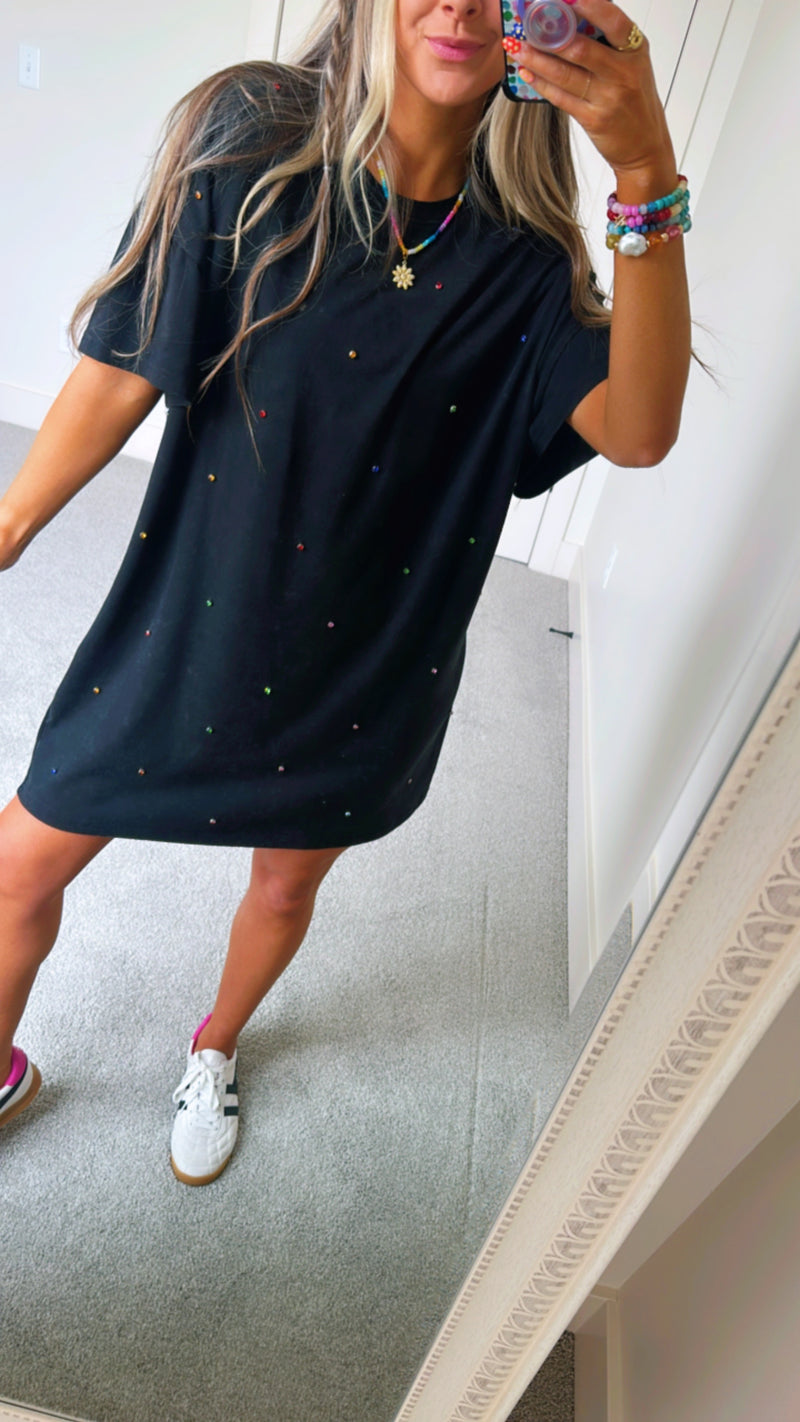 Multi Rhinestone Acid Wash Tshirt Dress-RESTOCK