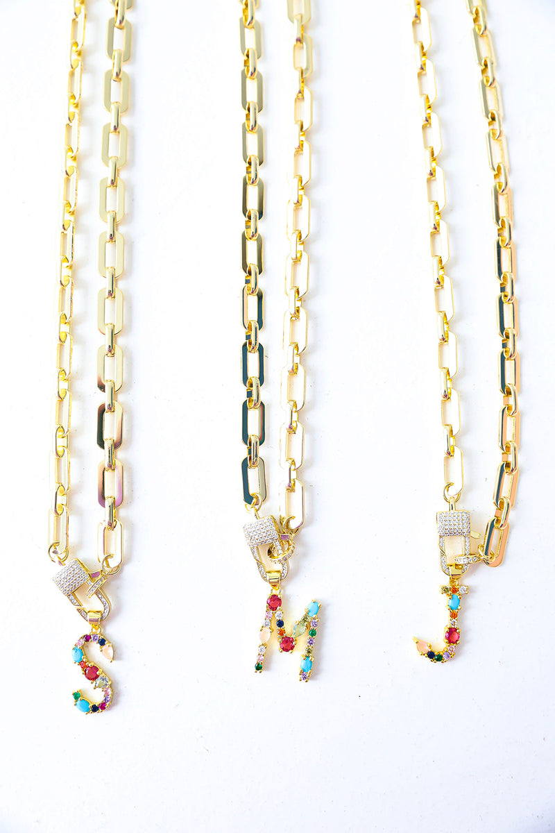 Multi Gemstone Initial Necklace-Chunky Chain