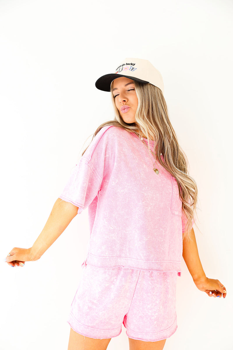 Lazy In Luxe Acid Wash Set-Pink