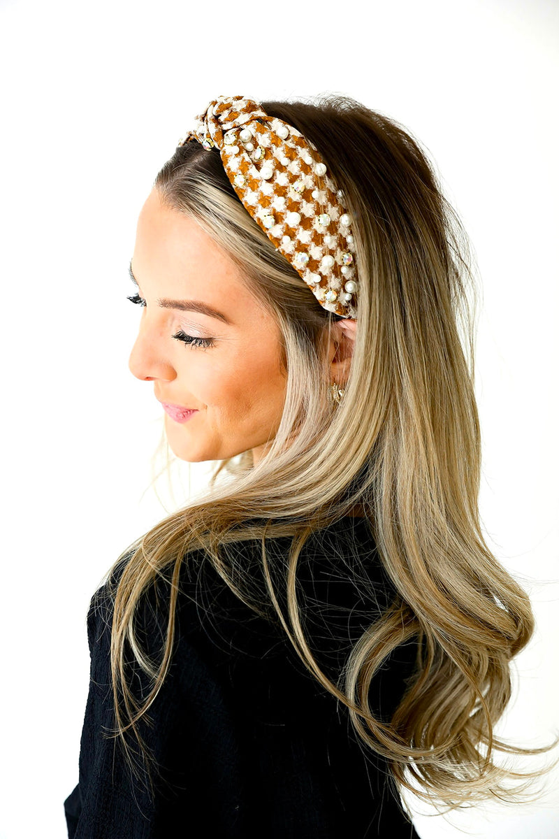 Houndstooth Pearl & Rhinestone Headband-Tan