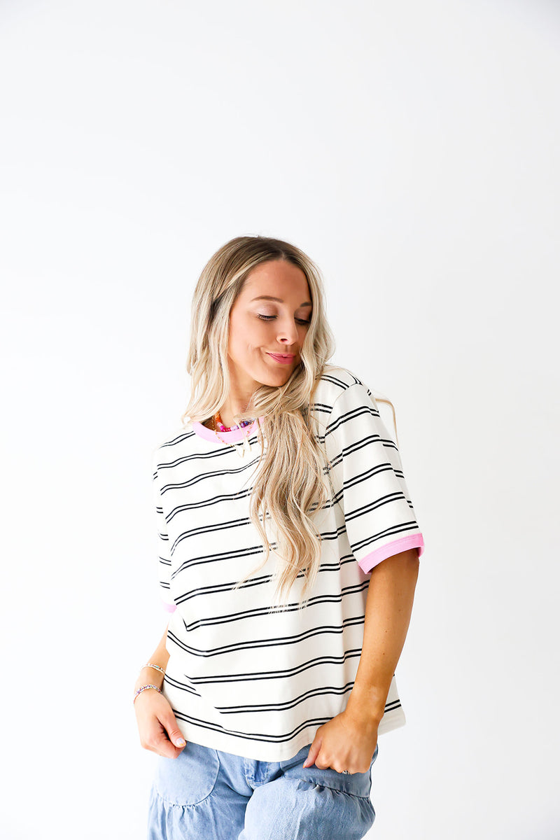 Easy As That Striped Top-Cream/Pink