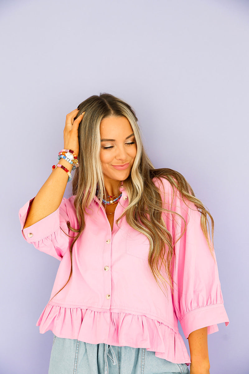 Hibiscus Ruffle Button-Up Top