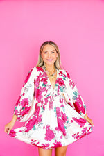 Turning Heads Satin Floral Dress-Cream/Magenta