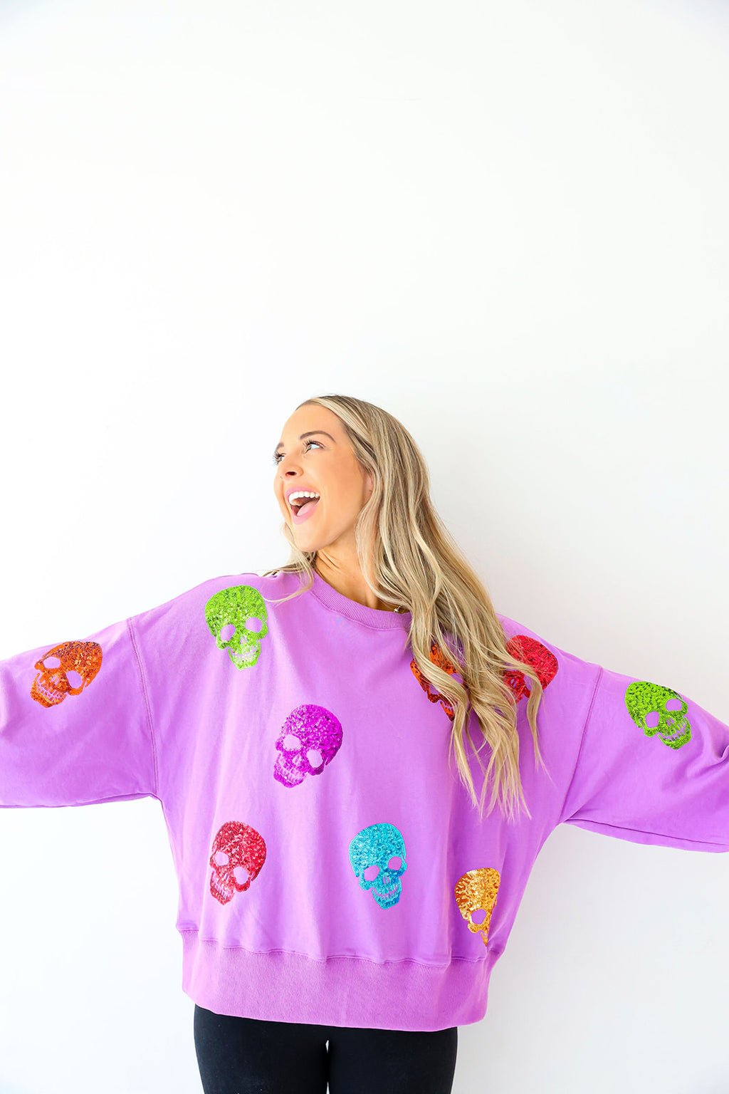 Multi Color Sequin Skull Sweatshirt-Purple