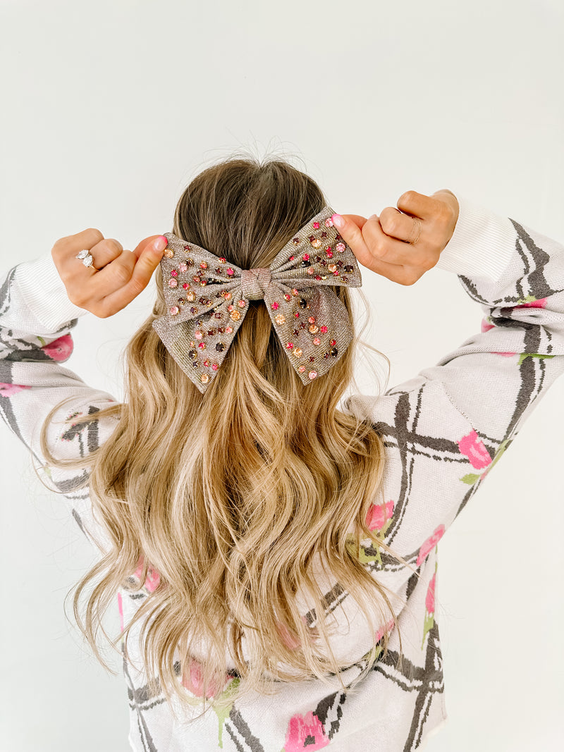 Glitter Girl Rhinestone Bow-Grey/Pink Combo