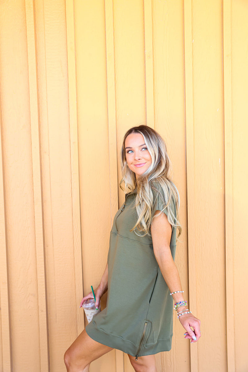 High Hopes 1/4 Zip Dress-Olive