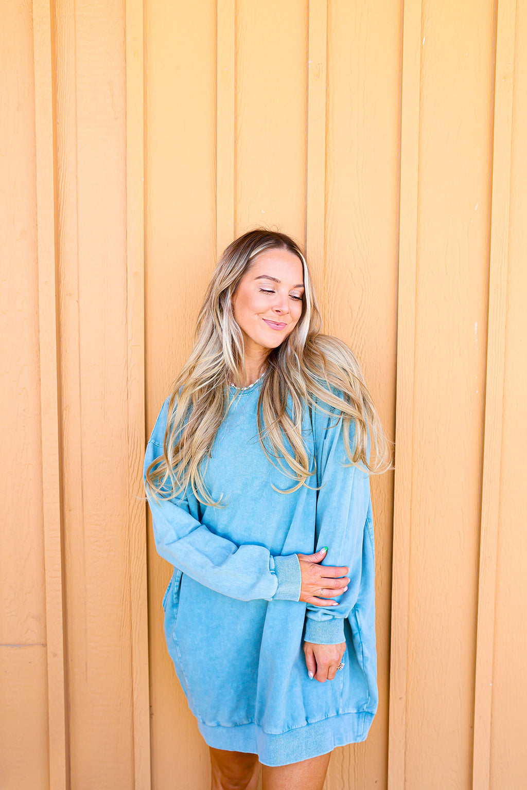 Comfy Meets Cute Sweatshirt Dress-Washed Teal