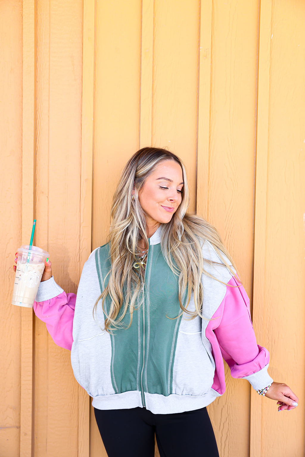 Cozy Colorblock Zip Jacket-Green/Pink