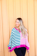 Either Way Striped Pullover Top-Magenta/Green