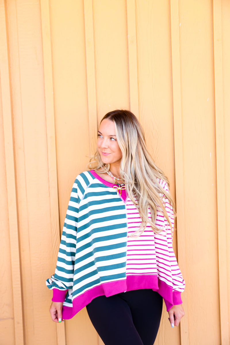 Either Way Striped Pullover Top-Magenta/Green