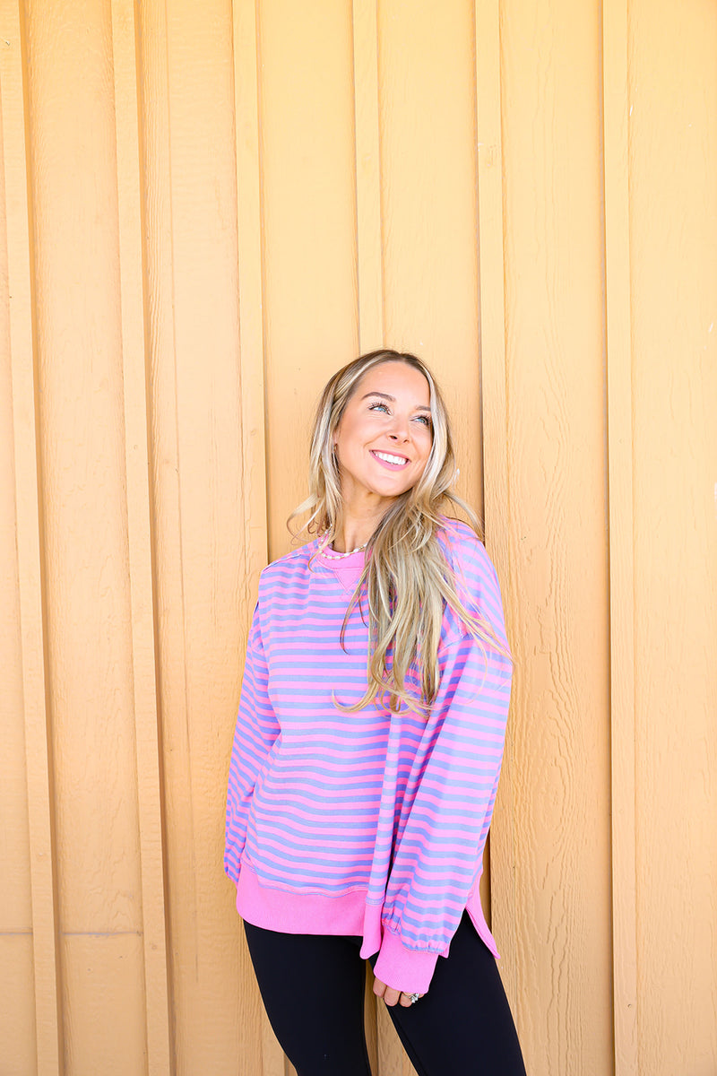 Cozy In Stripes Pullover-Purple/Pink Combo