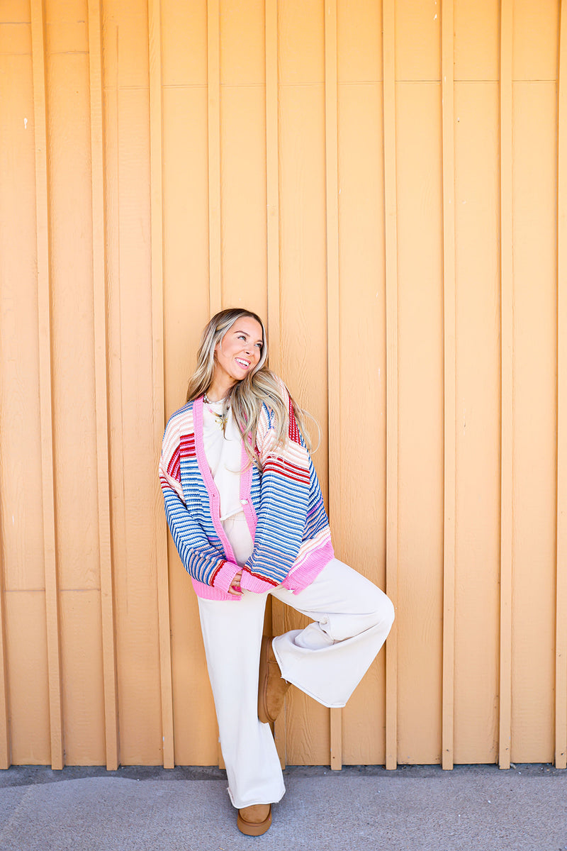 Make It Multi Striped Cardigan-Navy Combo