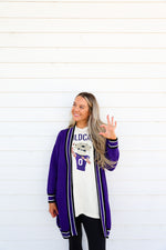 Varsity Stripe Long Cardigan-Deep Purple