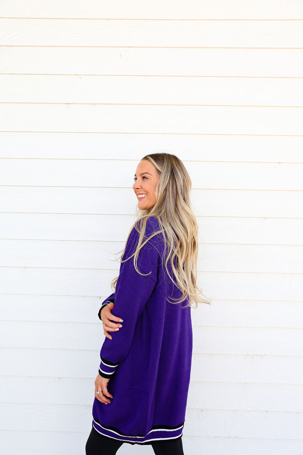 Varsity Stripe Long Cardigan-Deep Purple