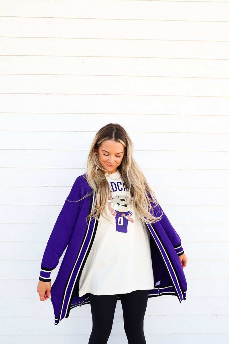 Varsity Stripe Long Cardigan-Deep Purple